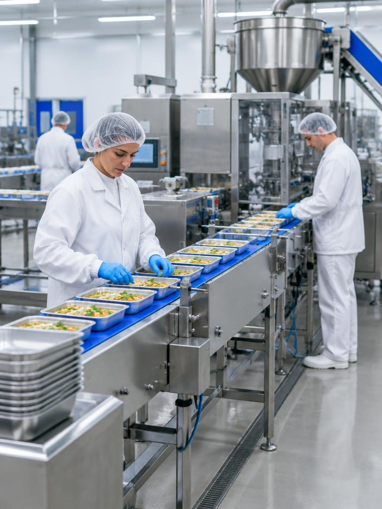 Indústria alimentícia com linha de produção e equipamentos de aço inoxidável
