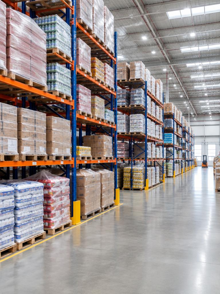 Armazém atacadista com mercadorias organizadas em paletes