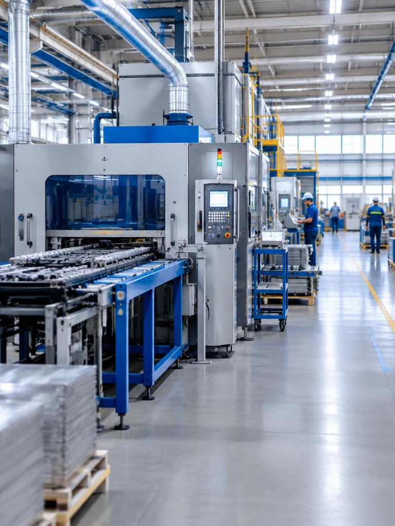 Fábrica moderna com máquinas e linha de produção organizada