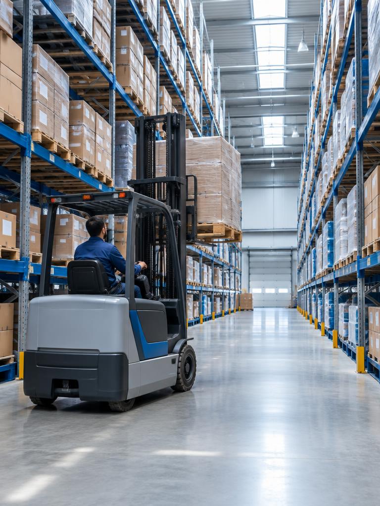Centro de distribuição com empilhadeira, paletes e mercadorias armazenadas