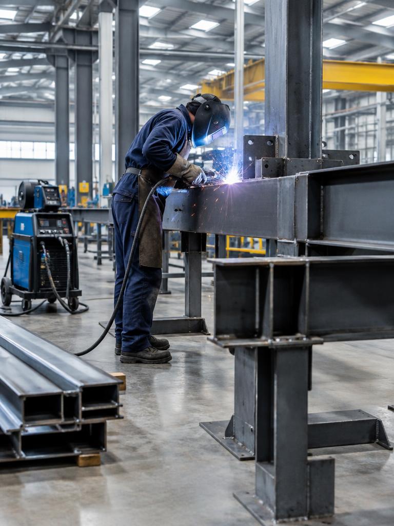Operação metalúrgica com estruturas de aço e equipamentos de soldagem
